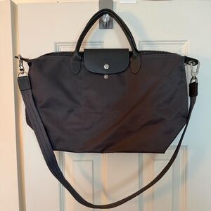 Longchamp LePliage dark gray with silver hardware.